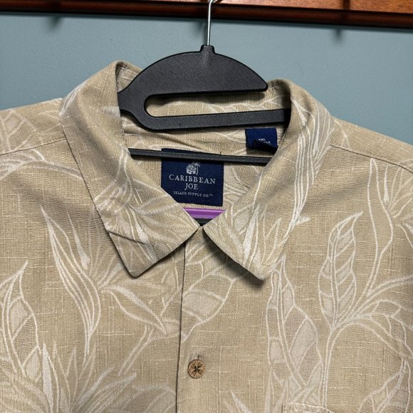 Caribbean Joe Hawaiian Button Up Shirt L 100% Silk Khaki Tropical Print XXL - Picture 2 of 11